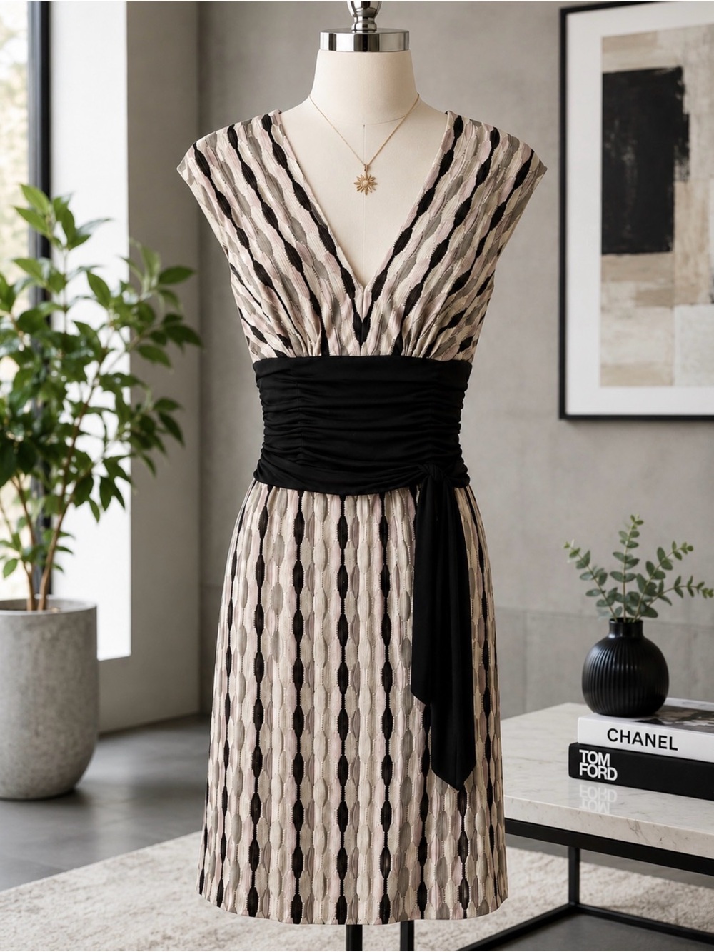 Kate Unger V-Neck Black & Cream Ruched-Waist Mini silk Dress size 6